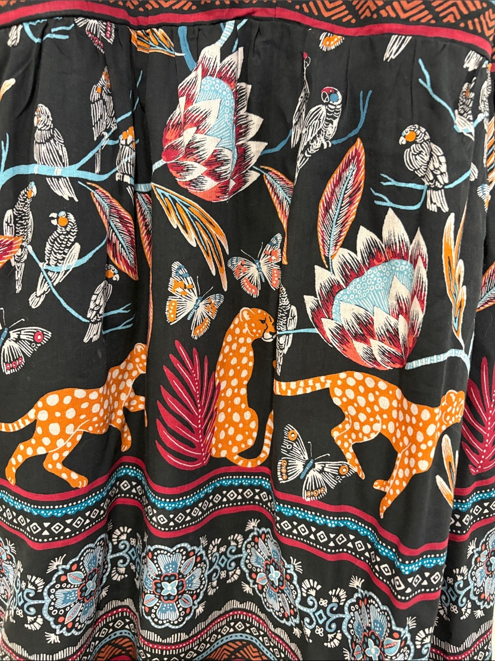 Anthropologie NWT XL Animal Print Boho Mini Dress Pockets Cheetah Birds Tassel - Picture 11 of 12